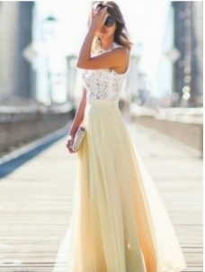 Yellow Elegant Lace Summer Sleeveless  Maxi Evening Dress
