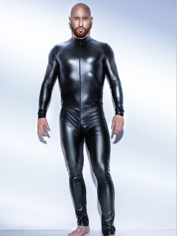 Long Sleeve Black Men Vinyl Zipper Jumpsuit