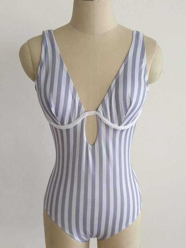 Sexy Spaghetti Strap Striped Women Backless Swimsuit 