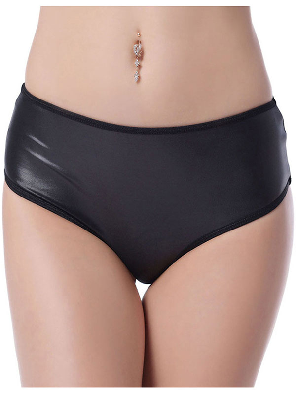 Women Black Vinyl High Waist Hollow Out Panties