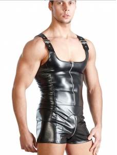 Men Sexy Sleeveless Leather Zipper Bodysuit 