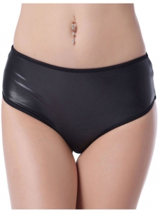 Women Black Vinyl High Waist Hollow Out Panties