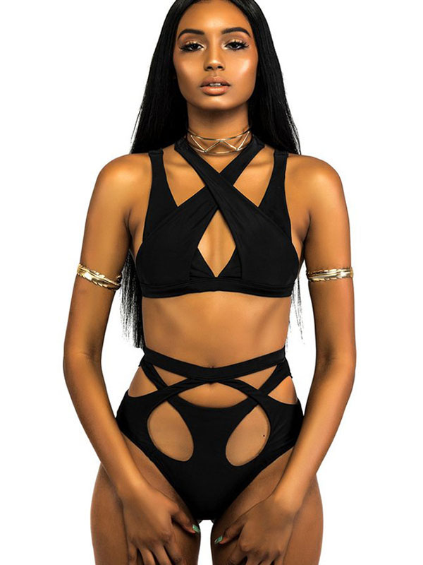 2018 New Fashion Sexy Bandage Cut Out 2 Piece Swimsuits Black