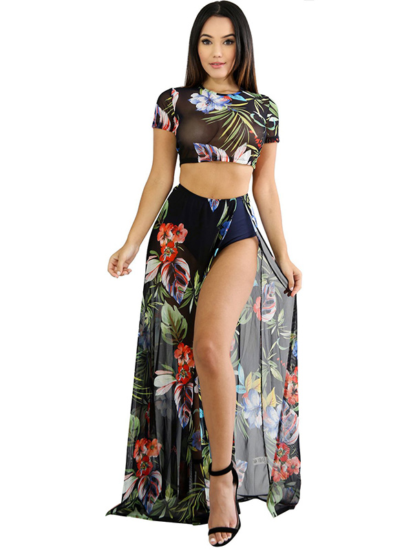 Cap Sleeve Tropical Crop Top & Flora Black l Print Maxi Skirt