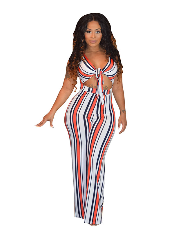 Colorful Stripe V-Neck Sexy Fit Jumpsuit