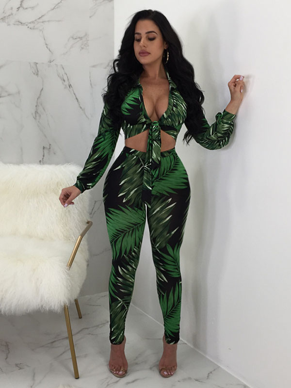 Deep V Neck Floral Printed Jumpsuit With Bandage Green