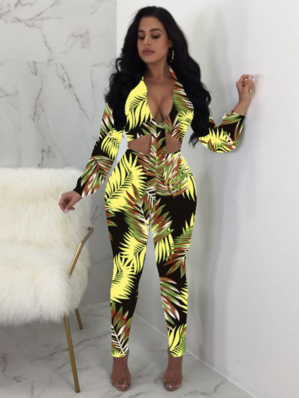 Deep V Neck Floral Printed Jumpsuit With Bandage Yellow