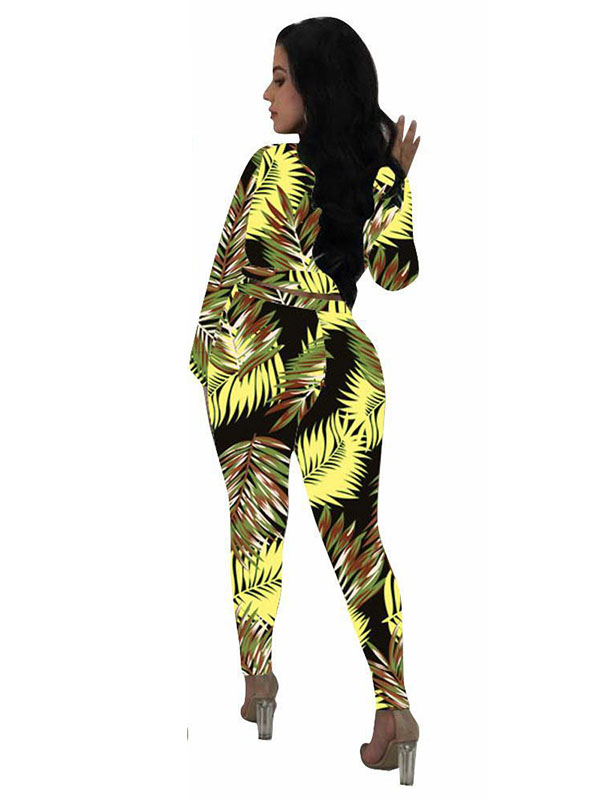 Deep V Neck Floral Printed Jumpsuit With Bandage Yellow