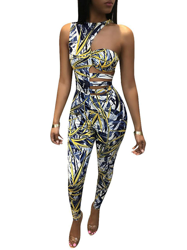Fashion Drew Shoulder Floral Printed Women Jumpsuit Yellow