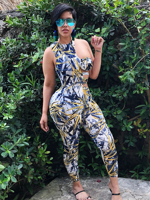 Fashion Drew Shoulder Floral Printed Women Jumpsuit Yellow