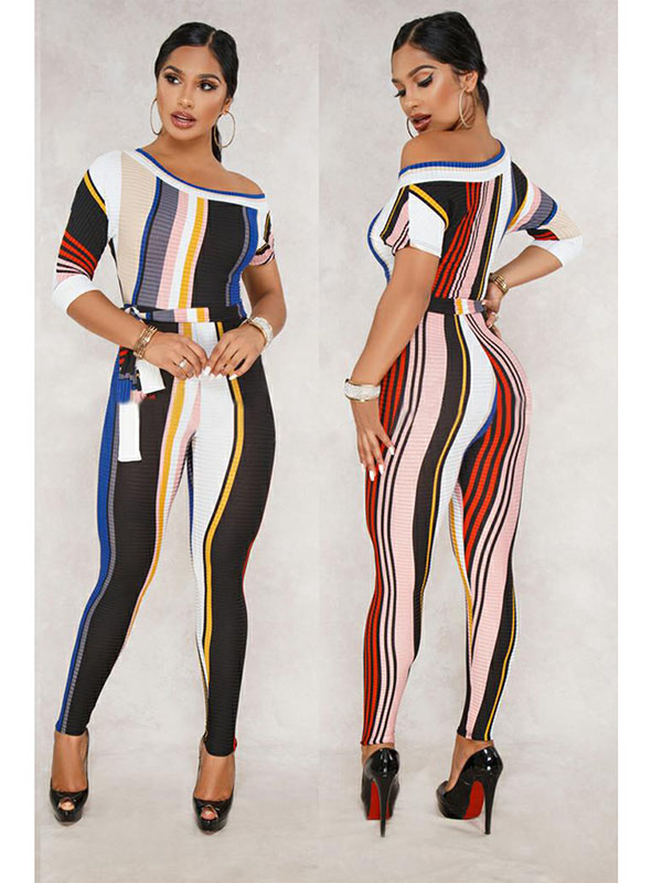 Fashion Drew Shoulder Tighten Women Jumpsuit Blue