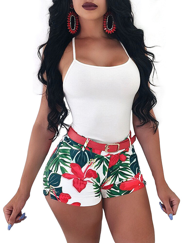 Flirtatious Floral Red Print Tight Sheath Romper Plunge