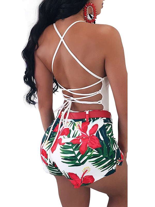 Flirtatious Floral Red Print Tight Sheath Romper Plunge