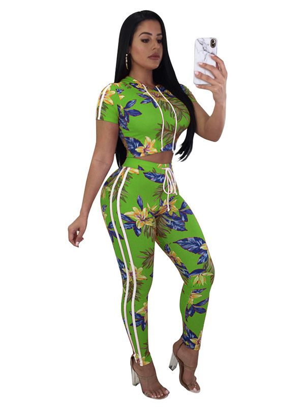Green Print Floral 2 Piece Set Women Short Crop Tops and Pants