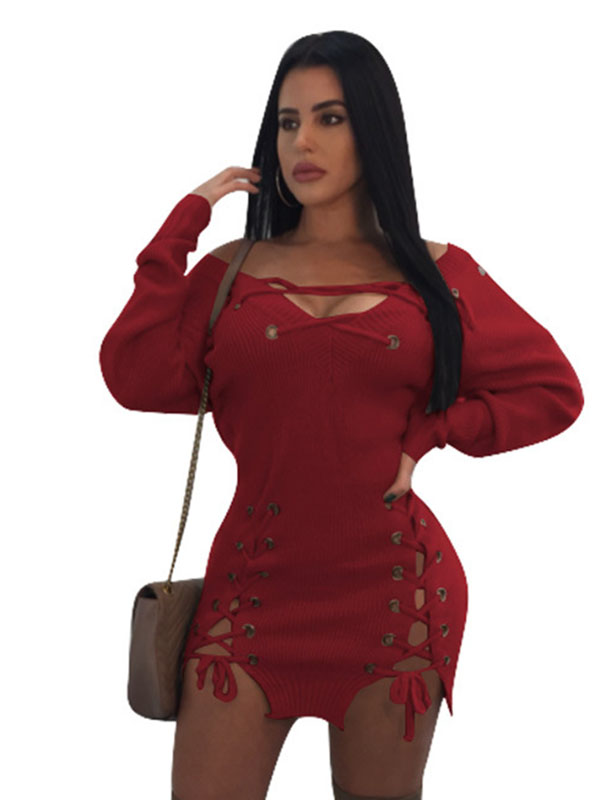 Hollow Out Deep V Neck Bodycon Dress Front Laced-Up Dress