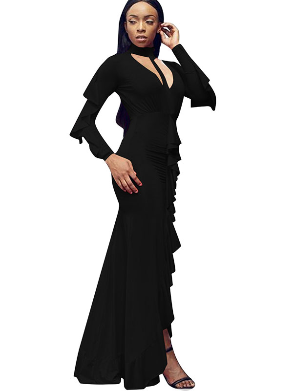 Long Sleeve Slit Front Ruffle Black Maxi Dress