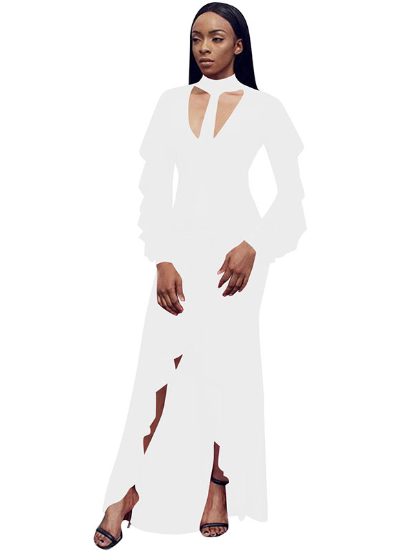 Long Sleeve Slit Front Ruffle White Maxi Dress