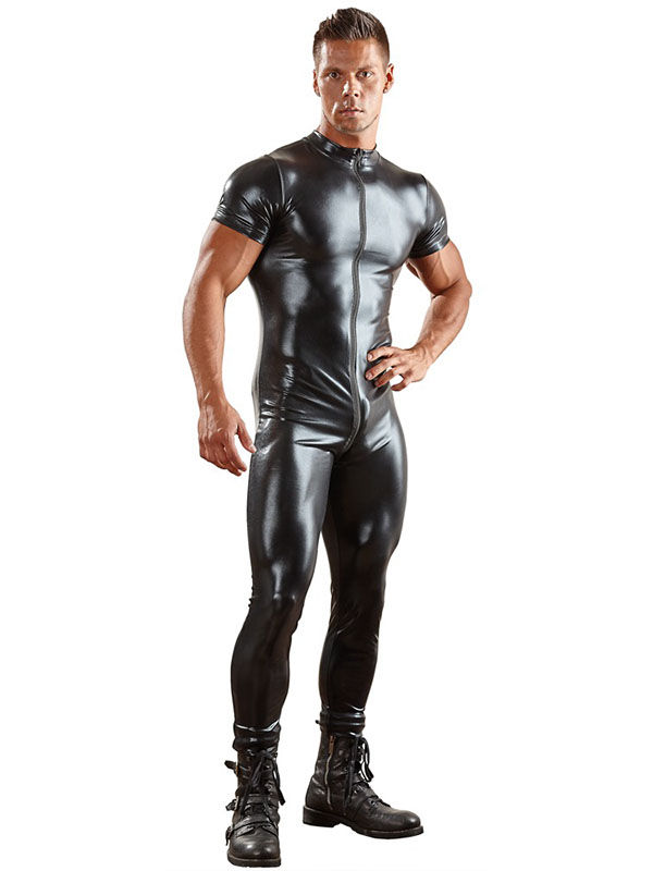 Mens Black Short Sleeve Leather Jumpsuit Bodysuit Clubwear 