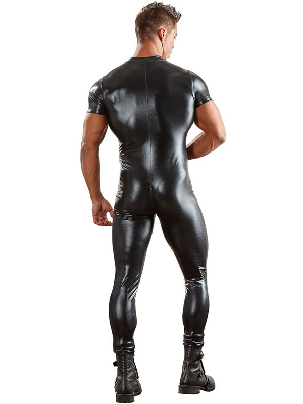 Mens Black Short Sleeve Leather Jumpsuit Bodysuit Clubwear 