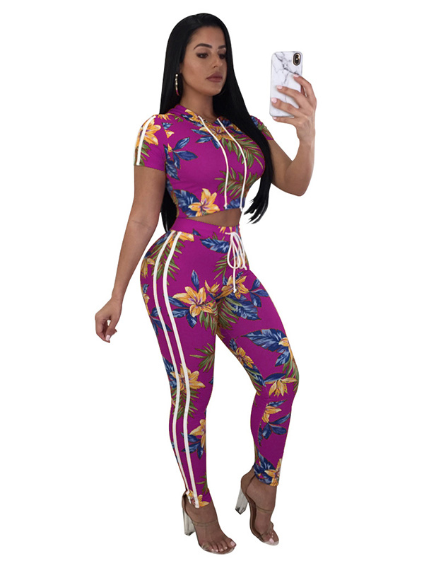 Purple Print Floral 2 Piece Set Women Short Crop Tops and Pants