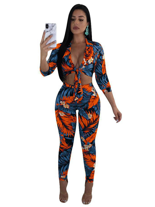 Sexy V-neck Floral Printed Women Jumpsuit With Bandage Dark Blue