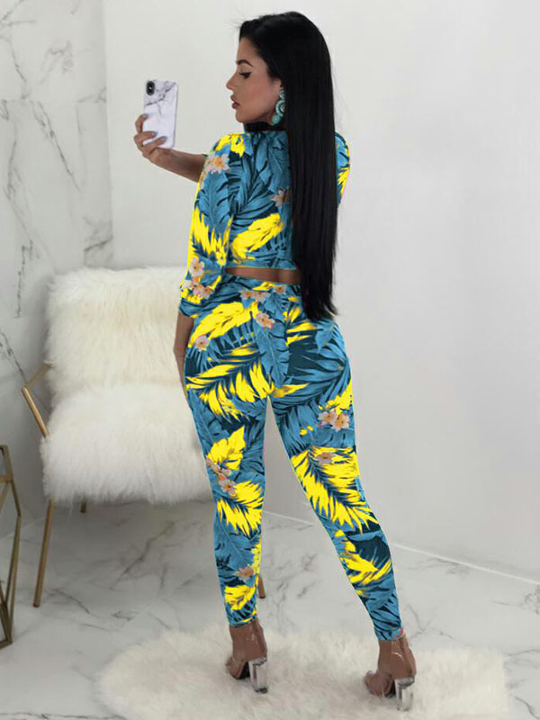 Sexy V-neck Floral Printed Women Jumpsuit With Bandage Light Blue