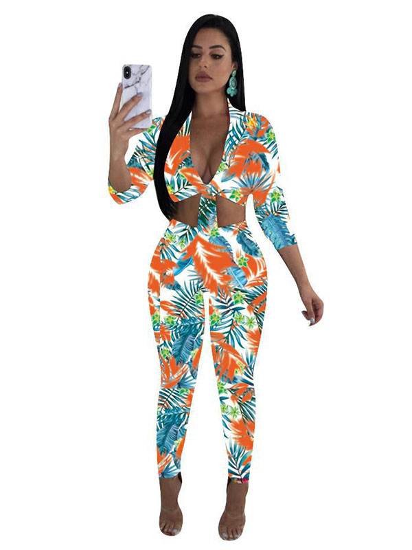 Sexy V-neck Floral Printed Women Jumpsuit With Bandage red 