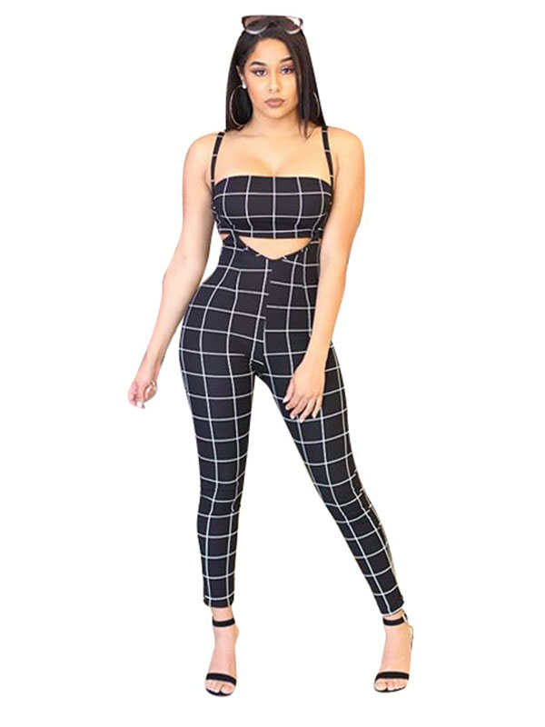 Summer Black Plaid Sexy Skinny Waist Band Cut Out Women Jumpsuits