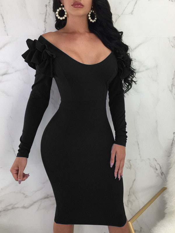 Women Black Sexy Off Shoulder Long Sleeve Midi Dresses