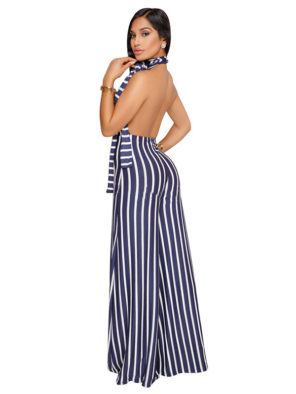 Women Blue Sexy Halter Strap Stripe  Backless Sleeveless  Jumpsuits Rompers