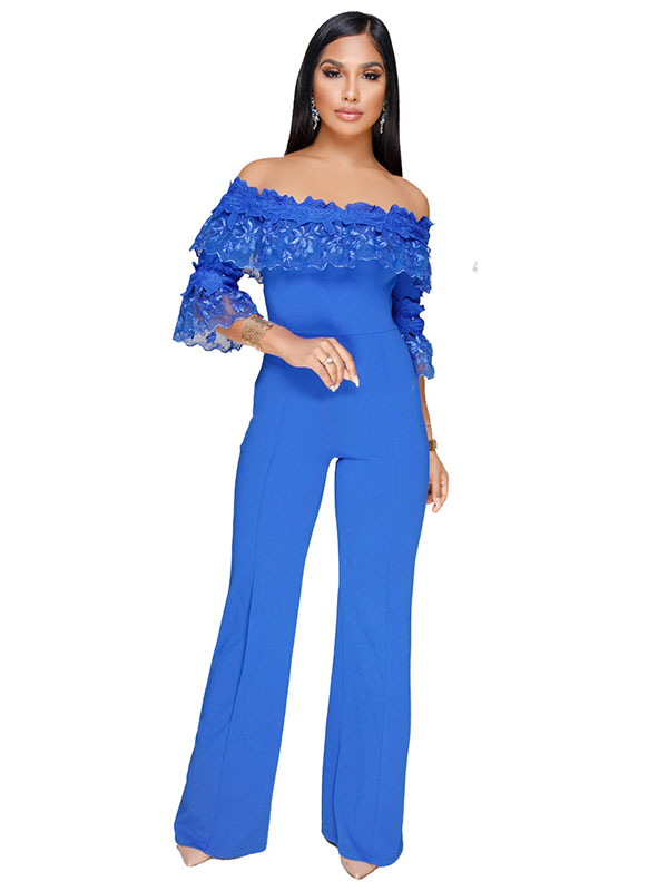 Women Blue Sexy Off Shoulder High Waist Jumpsuit Romper