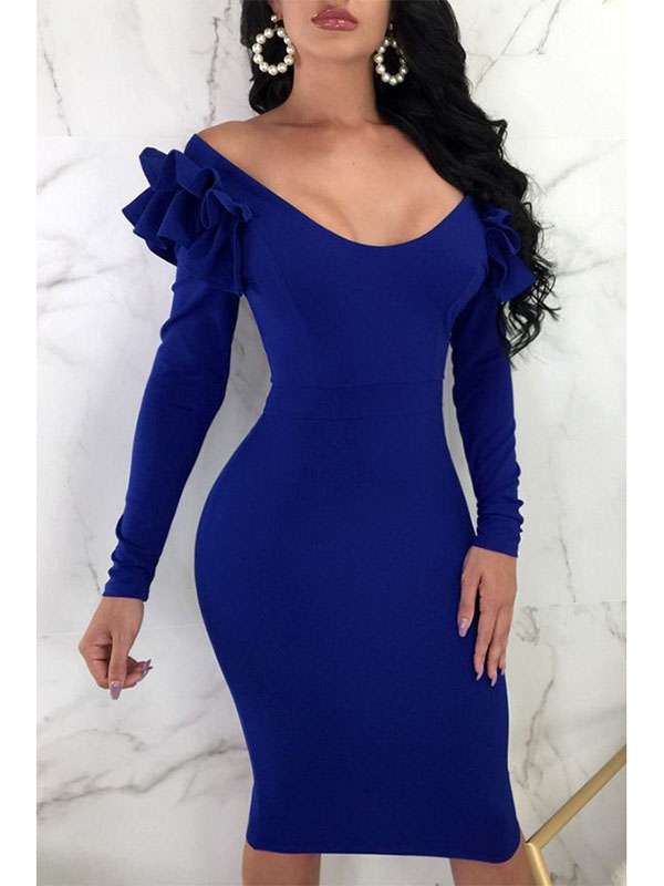 Women Blue Sexy Off Shoulder Long Sleeve Midi Dresses