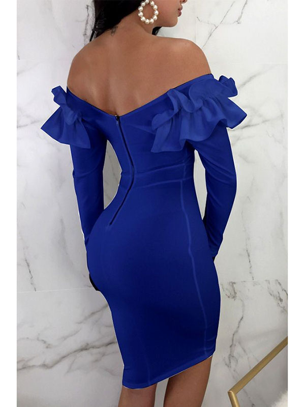 Women Blue Sexy Off Shoulder Long Sleeve Midi Dresses