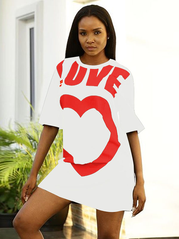 Women Casual Heart Cute Printed T-Shirt Mini Dress White