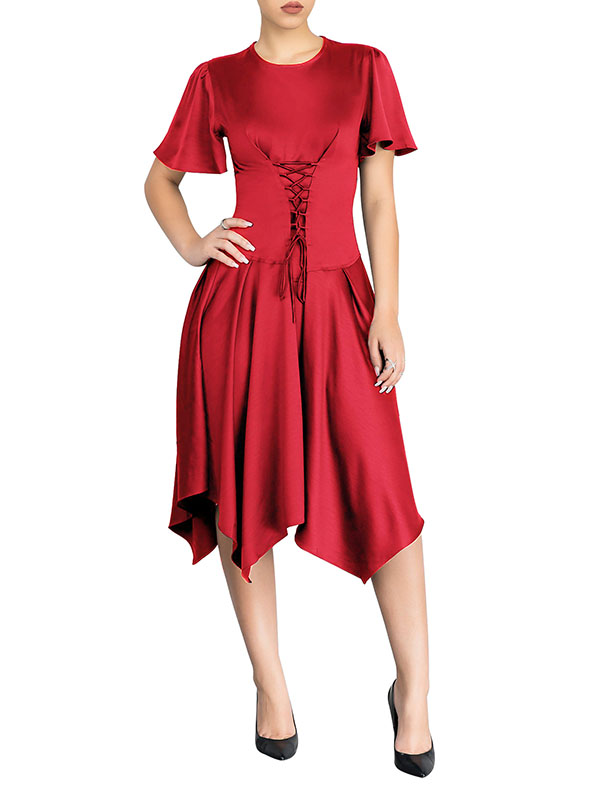 Women Red Summer Casual Flowy Irregular Midi Dress
