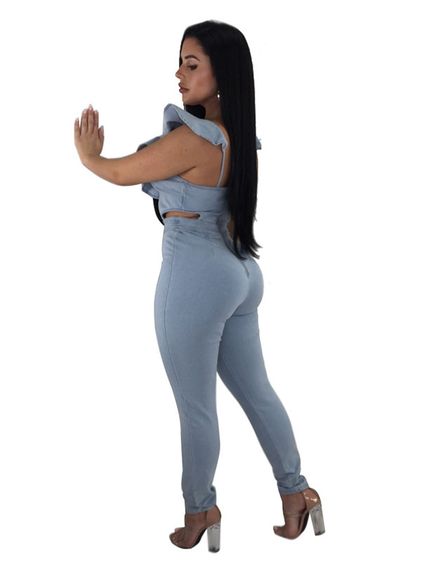 Women S-XL V Neck High Waisted Jean Sexy Jumpsuits