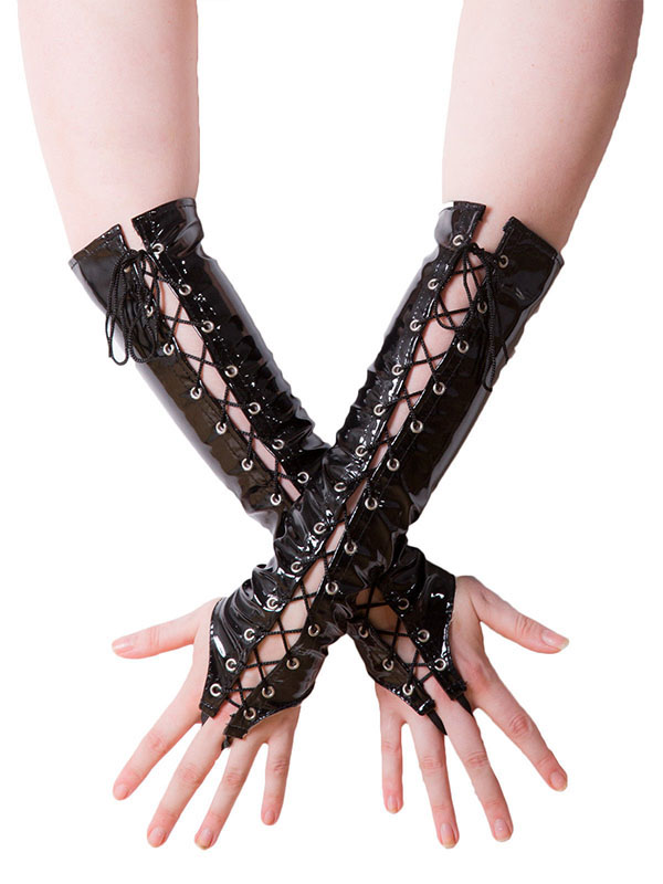 Women Sexy Black PVC Leather Lace up Clubwear Gloves