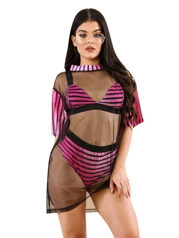 Women Sexy See-through Mesh Mini Dress Pink