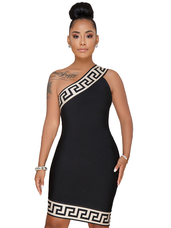 Women Summer Black One-Shoulder off Tight Midi Dress