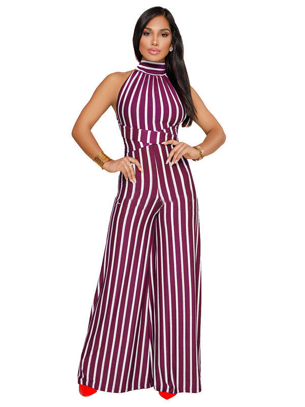 Women Wine Red Halter Strap Stripe  Backless Sleeveless  Jumpsuits Rompers