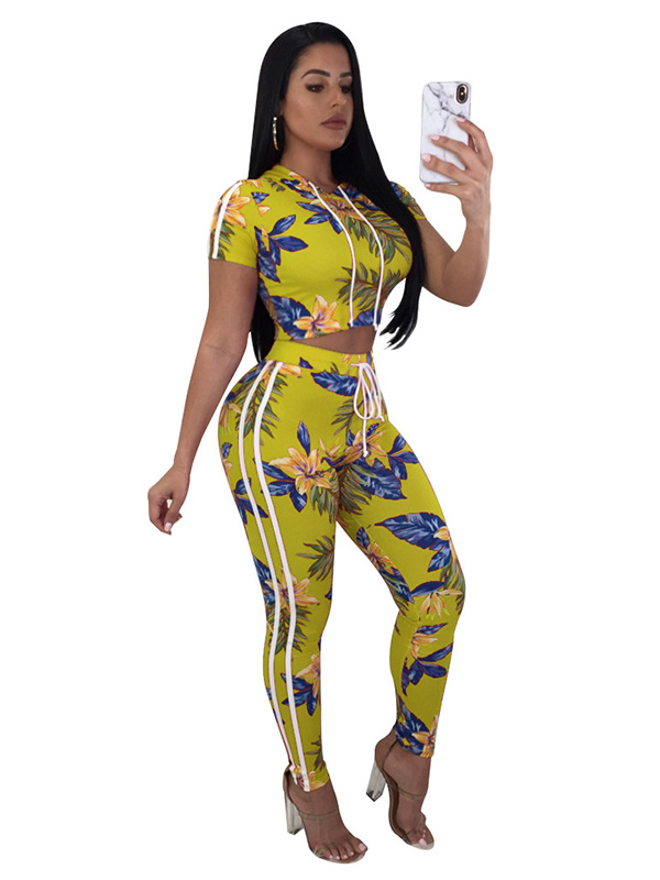 Yellow Print Floral 2 Piece Set Women Short Crop Tops and Pants