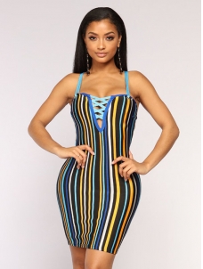 Blue Sexy Sleeveless Tight Stripe Mini Dress