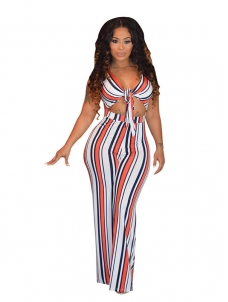 Colorful Stripe V-Neck Sexy Fit Jumpsuit