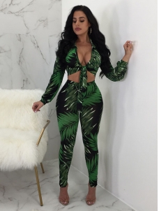 Deep V Neck Floral Printed Jumpsuit With Bandage Green