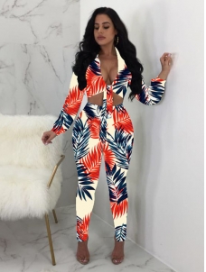 Deep V Neck Floral Printed Jumpsuit With Bandage Red
