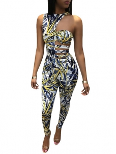 Fashion Drew Shoulder Floral Printed Women Jumpsuit Yellow