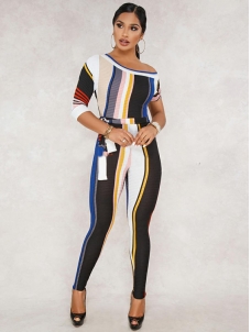 Fashion Drew Shoulder Tighten Women Jumpsuit Blue