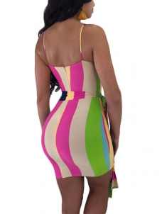Fashion Summer Rainbow Vertical Stripe Sexy Party Dress Women 