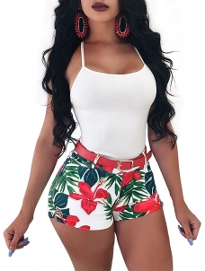 Flirtatious Floral Red Print Tight Sheath Romper Plunge