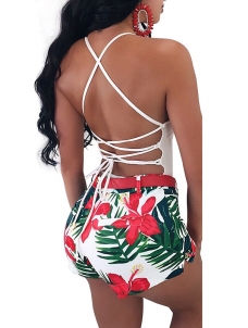 Flirtatious Floral Red Print Tight Sheath Romper Plunge